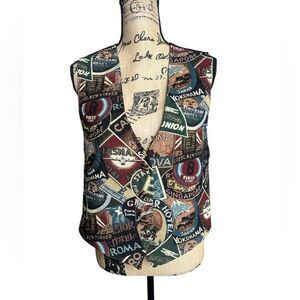 Vintage world traveler vest large funky art to wear artsy travel dark Academia